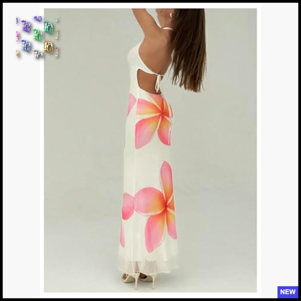 Floral Print Tie Backless Halter Maxi Dress Bodycon Mesh Elegant Chic - Picture 2 of 5